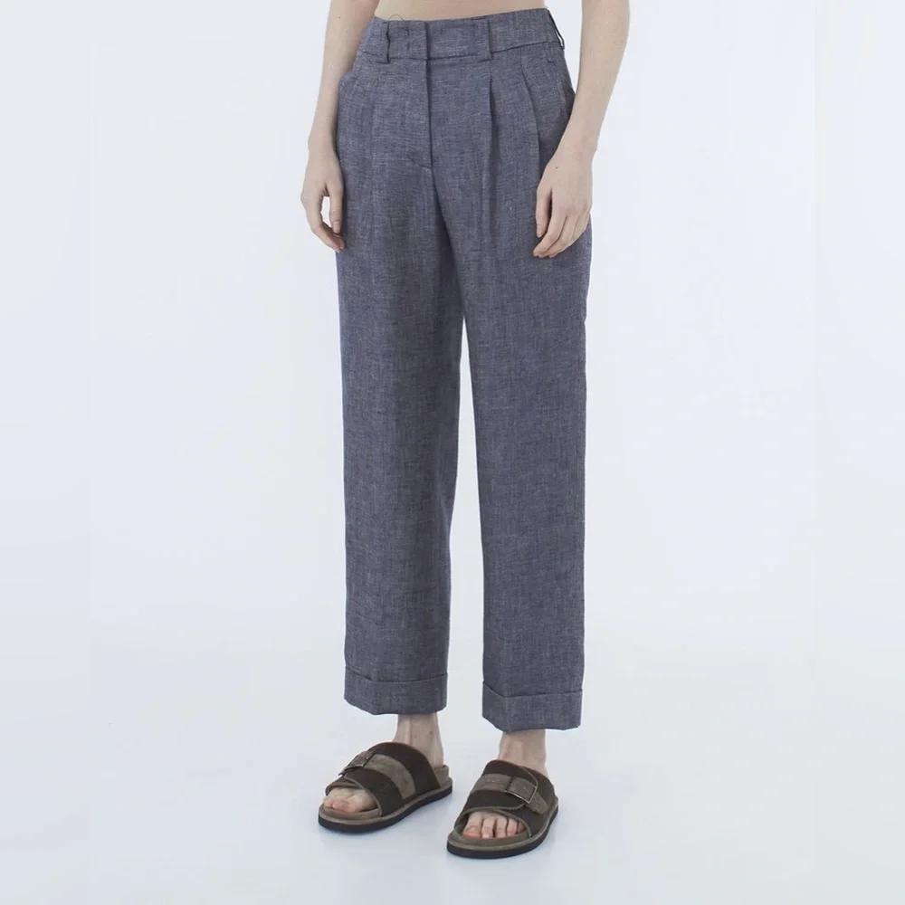 PESERICO Tailored 100% Linen Wide Leg Pleated Cuffed Trousers